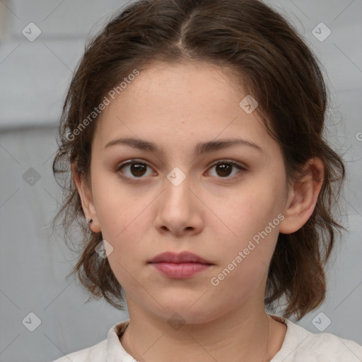 Neutral white young-adult female with medium  brown hair and brown eyes