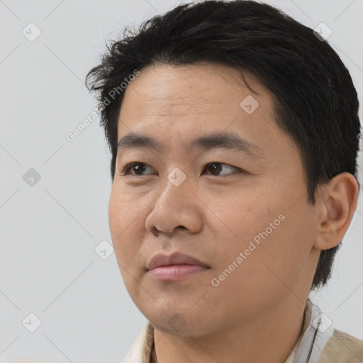 Joyful asian young-adult male with short  black hair and brown eyes