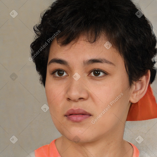 Neutral white young-adult female with short  brown hair and brown eyes