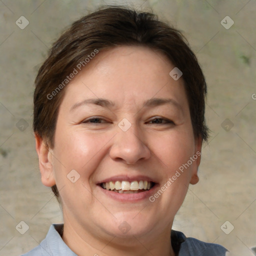 Joyful white adult female with short  brown hair and brown eyes