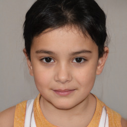 Joyful white child female with short  brown hair and brown eyes