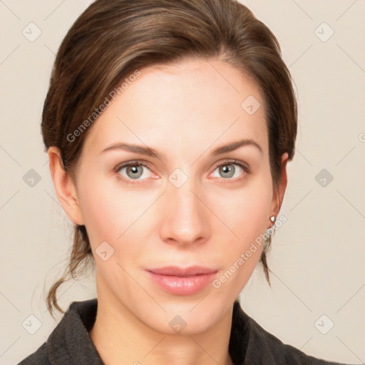 Neutral white young-adult female with medium  brown hair and grey eyes