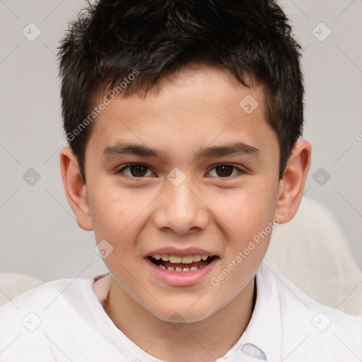 Joyful white child male with short  brown hair and brown eyes