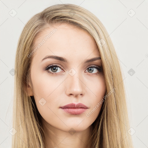 Neutral white young-adult female with long  brown hair and brown eyes