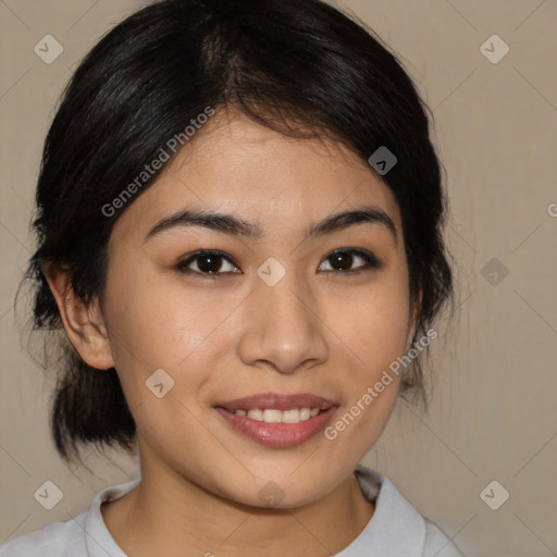 Joyful asian young-adult female with medium  black hair and brown eyes