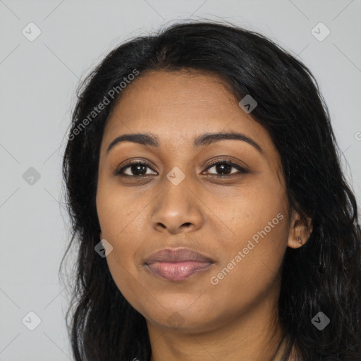 Joyful latino young-adult female with long  black hair and brown eyes