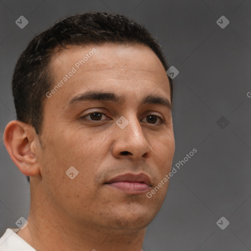 Neutral white young-adult male with short  brown hair and brown eyes
