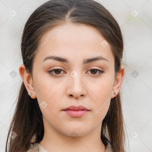 Neutral white young-adult female with long  brown hair and brown eyes