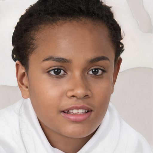 Joyful white child female with short  brown hair and brown eyes