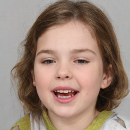 Joyful white child female with medium  brown hair and blue eyes