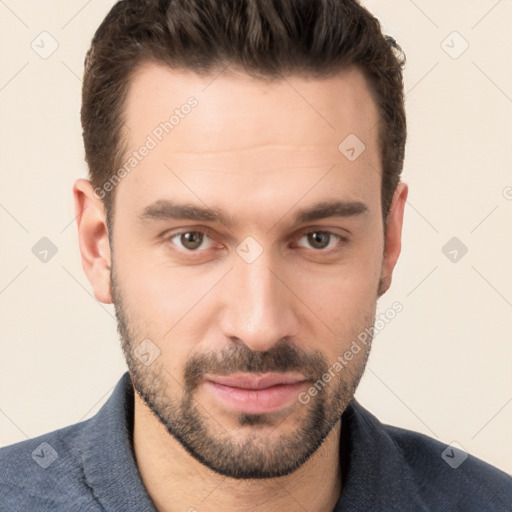 Neutral white young-adult male with short  brown hair and brown eyes