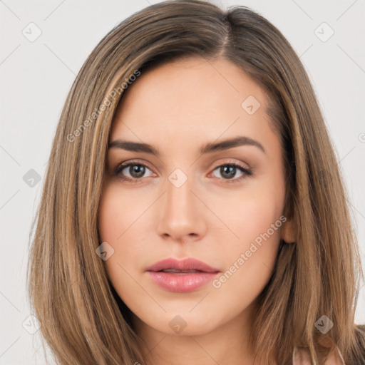 Neutral white young-adult female with long  brown hair and brown eyes