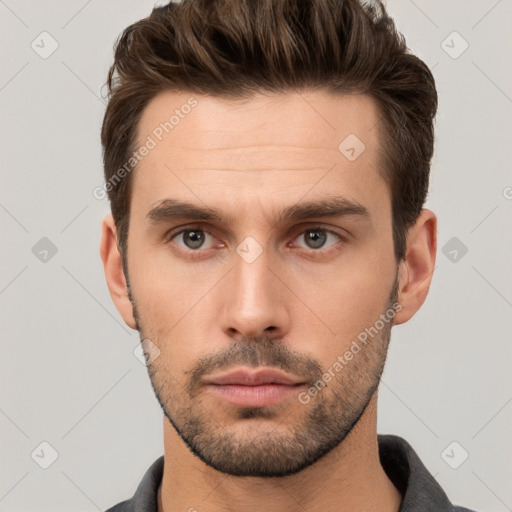 Neutral white young-adult male with short  brown hair and brown eyes