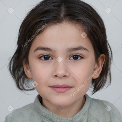 Joyful white child female with medium  brown hair and brown eyes