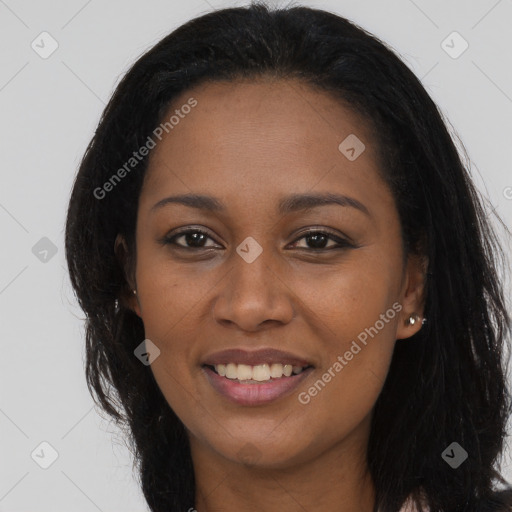 Joyful latino young-adult female with long  brown hair and brown eyes