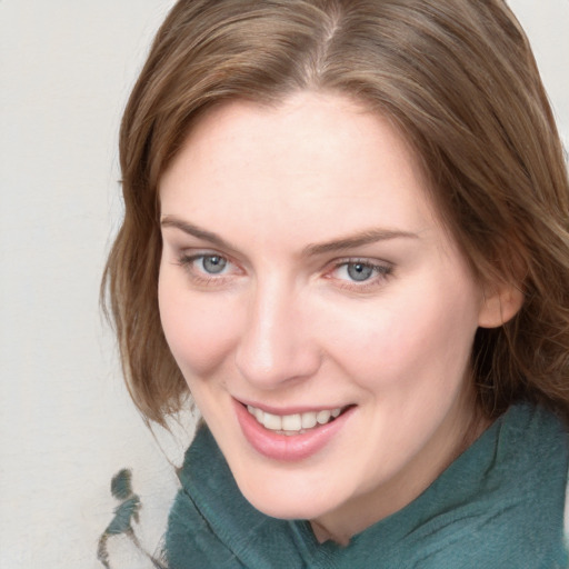 Joyful white young-adult female with medium  brown hair and blue eyes