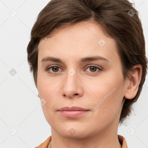 Neutral white young-adult female with short  brown hair and brown eyes