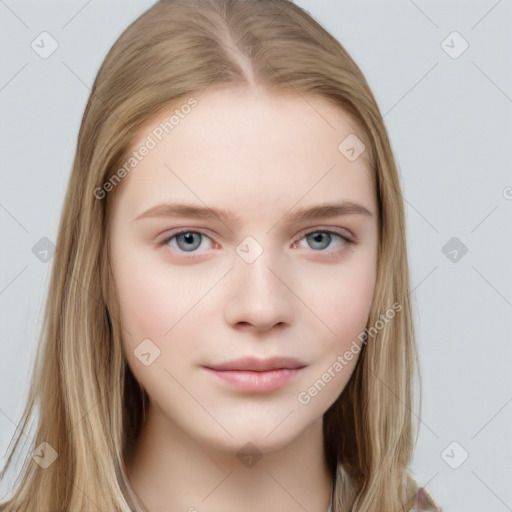 Neutral white young-adult female with long  brown hair and grey eyes