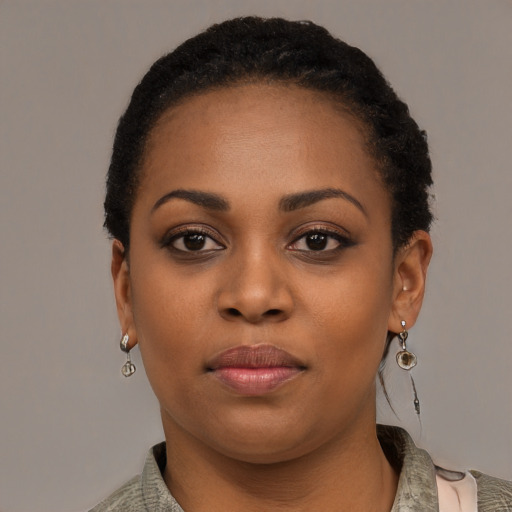 Neutral black young-adult female with short  black hair and brown eyes