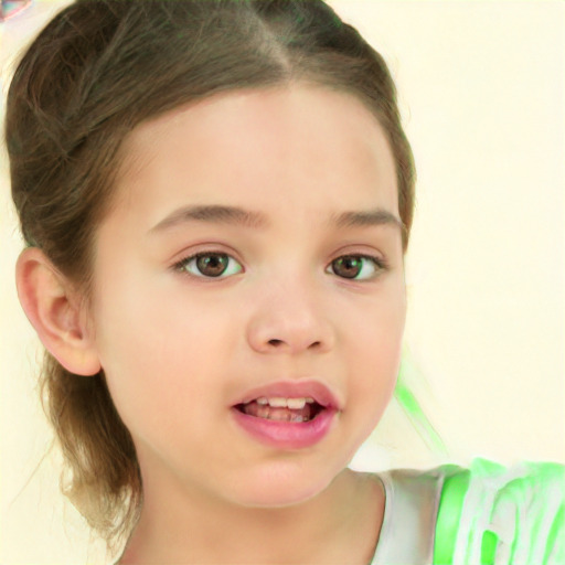 Joyful white child female with medium  brown hair and green eyes