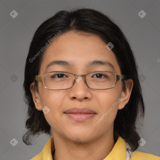 Joyful white adult female with medium  brown hair and brown eyes