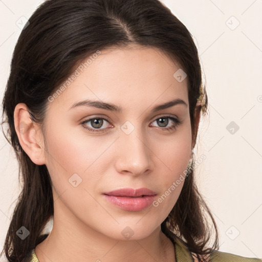 Neutral white young-adult female with medium  brown hair and brown eyes