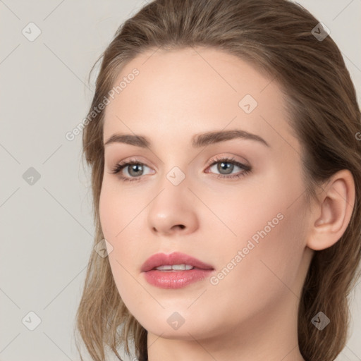 Neutral white young-adult female with medium  brown hair and brown eyes