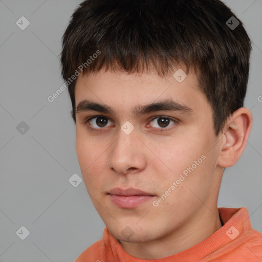 Neutral white young-adult male with short  brown hair and brown eyes