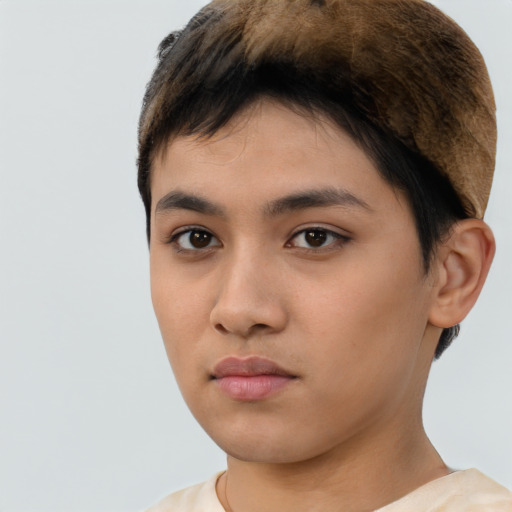 Neutral asian young-adult female with short  brown hair and brown eyes