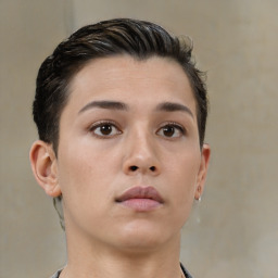 Neutral asian young-adult female with short  brown hair and brown eyes