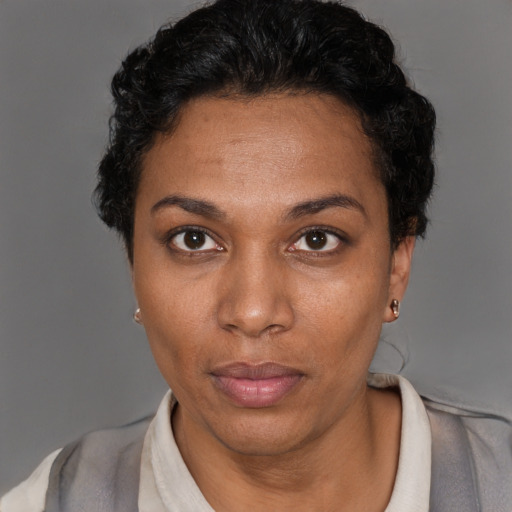 Neutral black adult female with short  black hair and brown eyes
