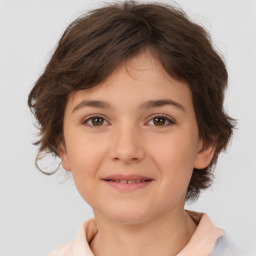 Joyful white child female with medium  brown hair and brown eyes