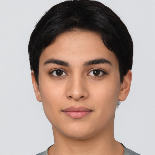 Neutral latino young-adult female with short  black hair and brown eyes