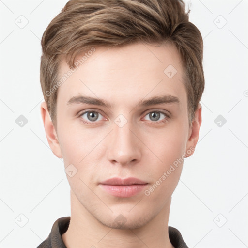 Neutral white young-adult male with short  brown hair and grey eyes