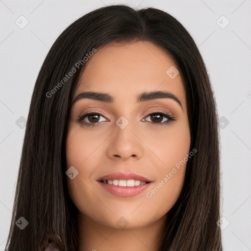 Joyful white young-adult female with long  brown hair and brown eyes