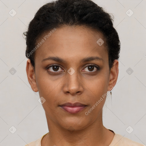 Neutral latino young-adult female with short  black hair and brown eyes