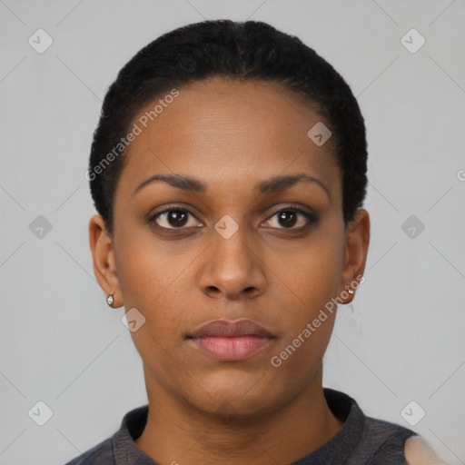 Neutral latino young-adult female with short  black hair and brown eyes