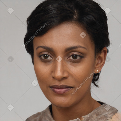 Joyful latino young-adult female with short  brown hair and brown eyes