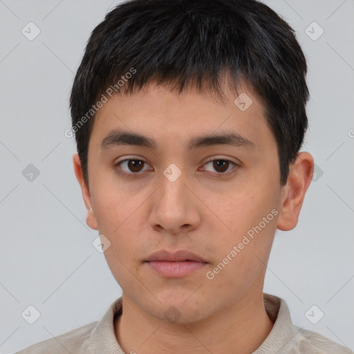 Neutral asian young-adult male with short  black hair and brown eyes