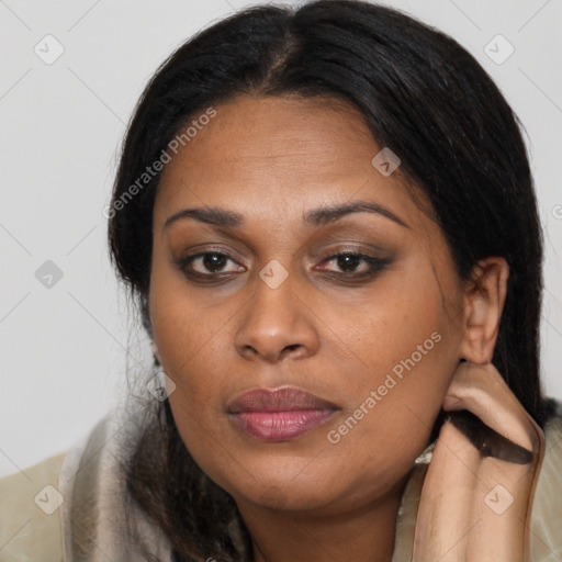 Joyful latino young-adult female with long  brown hair and brown eyes