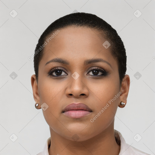Neutral latino young-adult female with short  brown hair and brown eyes
