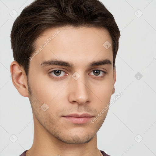 Neutral white young-adult male with short  brown hair and brown eyes