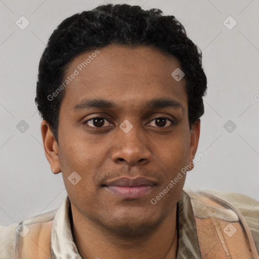 Neutral black young-adult male with short  black hair and brown eyes