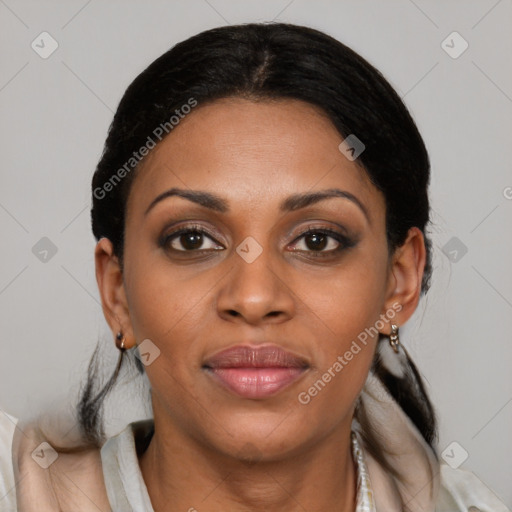Joyful latino young-adult female with medium  brown hair and brown eyes
