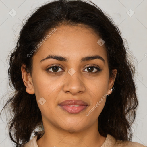 Joyful latino young-adult female with medium  brown hair and brown eyes