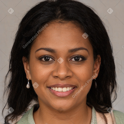 Joyful black young-adult female with medium  brown hair and brown eyes