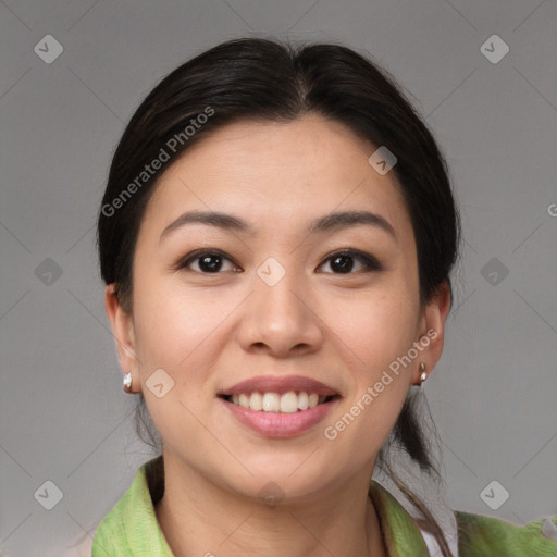 Joyful white young-adult female with medium  brown hair and brown eyes