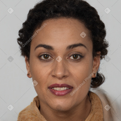 Joyful latino young-adult female with short  brown hair and brown eyes