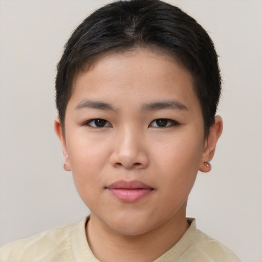 Neutral asian young-adult female with short  brown hair and brown eyes