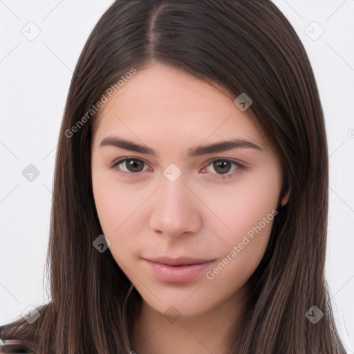 Neutral white young-adult female with long  brown hair and brown eyes